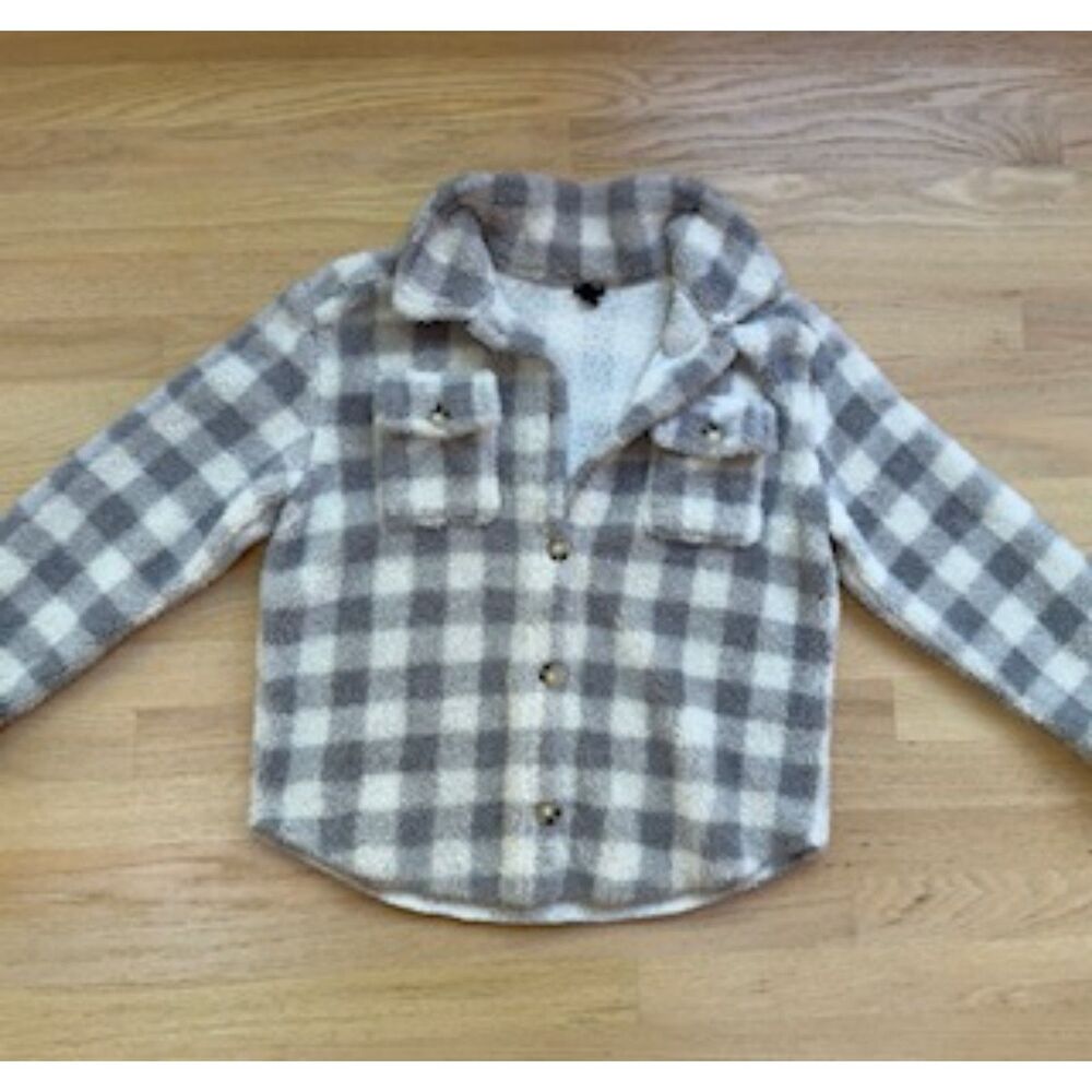 Art Class Girls L 10/12 Gray Cream Checkered Sherpa Fleece Button Jacket